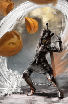 Rule 34 | 1boy, armor, black knight (dark souls), cutting, dark souls (series), dark souls i, full armor, gauntlets, halloween, helm, helmet, jack-o'-lantern, knight, male focus, nukotama, pumpkin, solo, sword, weapon