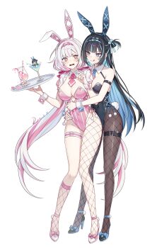 2girls @_@ absurdres animal_ears bare_shoulders belt black_hair black_hairband black_leotard black_survival blue_eyes blue_hair blue_shoes breasts brown_pantyhose closed_mouth commentary covered_navel debi_(black_survival) detached_collar eternal_return:_black_survival fake_animal_ears fishnet_pantyhose fishnets full_body hairband high_heels highleg highleg_leotard highres holding holding_tray hug hug_from_behind large_breasts leotard looking_at_another marlene_(black_survival) multicolored_hair multiple_girls necktie one_side_up open_mouth pantyhose pink_eyes pink_hairband pink_leotard playboy_bunny rabbit_ears shoes short_necktie short_sleeves shrug_(clothing) simple_background single_leg_pantyhose smile standing strapless strapless_leotard streaked_hair thigh_belt thigh_strap thighs tianqing_mw tongue tongue_out tray two-tone_hair v-shaped_eyebrows white_background white_hair white_shrug wrist_cuffs
