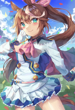 Rule 34 | 1girl, absurdres, animal ears, ascot, asymmetrical gloves, black gloves, blue eyes, blue sky, blush, bow, breasts, brown hair, buttons, cape, closed mouth, cloud, commentary request, confetti, double-breasted, epaulettes, gloves, hair between eyes, high ponytail, highres, horse ears, horse girl, horse tail, jacket, long hair, long sleeves, looking at viewer, mismatched gloves, multicolored hair, multicolored jacket, outdoors, pink ascot, ponytail, red cape, single epaulette, skirt, sky, smile, solo, streaked hair, sweat, tail, tokai teio (peak joy) (umamusume), tokai teio (umamusume), two-tone hair, two-tone jacket, two-tone skirt, umamusume, white gloves, white hair, white jacket, white skirt, yoru usagi