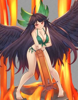 1girl absurdres ahoge arm_cannon barefoot bikini bird_wings black_hair black_wings blush bow breasts cleavage closed_mouth commentary fire full_body green_bikini green_bow grey_background hair_bow highres holding_own_arm large_breasts long_hair looking_at_viewer mikotouca reiuji_utsuho simple_background solo standing swimsuit touhou variant_set very_long_hair weapon wings