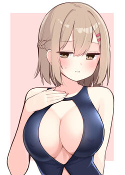 1girl blush braid breasts brown_eyes brown_hair childhood_friend_(ominaeshi) cleavage cleavage_cutout clothing_cutout clothing_request commentary_request covered_erect_nipples dot_nose hair_between_eyes hair_ornament hairclip halterneck highres jitome large_breasts ominaeshi_(takenoko) original parallel_hairclips short_hair simple_background solo two-tone_background white_background