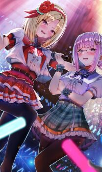 2girls arm_under_breasts belt black_belt black_bow black_bowtie black_pantyhose blonde_hair blue_bow blue_eyes blunt_bangs blush bow bowtie braid breasts center_frills collared_shirt commentary_request cropped_jacket dress_shirt dutch_angle embarrassed feet_out_of_frame file112056 flower frilled_shirt frilled_skirt frills glasses glowstick green_skirt hair_flower hair_ornament hairband hairclip hand_up heaven_burns_red highres higuchi_seika holding holding_microphone idol idol_clothes jacket layered_skirt looking_at_viewer medium_breasts medium_hair microphone minase_ichigo multiple_girls official_alternate_costume open_clothes open_jacket open_mouth pantyhose parted_bangs pink_hair plaid_clothes plaid_skirt pleated_skirt puffy_short_sleeves puffy_sleeves purple_eyes purple_hair red_bow red_bowtie red_flower red_hairband red_rose red_skirt rose shirt short_hair short_sleeves sidelocks skirt smile stage stage_lights standing standing_on_one_leg striped_bow striped_bowtie striped_clothes teeth twin_braids twintails v-shaped_eyebrows white_jacket white_shirt wrist_cuffs