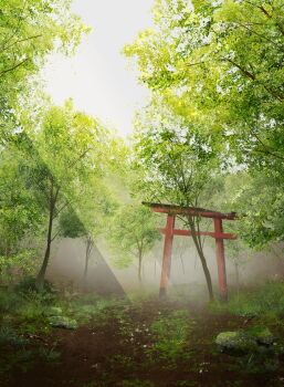 commentary_request day foliage forest grey_sky highres nature no_humans nor_ni original outdoors scenery sky torii tree