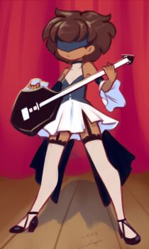 1girl 2025 20s amphibia anne_boonchuy black_shirt black_shoes blindfold brown_hair curtains dark_skin detached_sleeves disney drantyno electric_guitar garter_straps guitar high_heels highres holding holding_guitar holding_instrument instrument long_sleeves looking_at_viewer shirt shoes short_hair skirt sleeveless sleeveless_shirt stage standing thighhighs white_skirt white_thighhighs wide_sleeves
