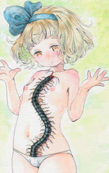 1girl blonde_hair bug centipede commentary_request flat_chest highres loli nipples orange_eyes original sato_(osappun) short_hair solo tagme topless_female