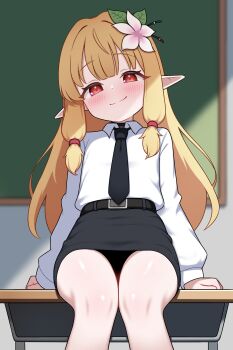 1girl absurdres belt black_belt black_necktie black_panties black_skirt blonde_hair blush borrowed_character closed_mouth collared_shirt desk flat_chest flower hair_flower hair_ornament highres indoors loli long_hair long_sleeves low-tied_sidelocks miniskirt necktie on_desk original panties pointy_ears puffy_long_sleeves puffy_sleeves red_eyes shirt sidelocks sitting skirt smile solo underwear upskirt white_shirt zing_(z_z_zing)