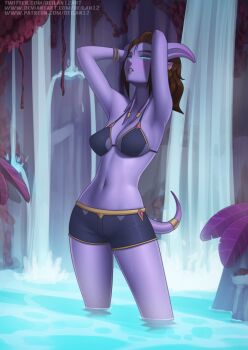 1girl armpits bikini bikini_top_only blue_eyes bracelet brown_hair colored_skin draenei earrings hands_in_own_hair jewelry looking_up midriff navel partially_submerged purple_skin roncostar solo swimsuit tail warcraft water waterfall world_of_warcraft