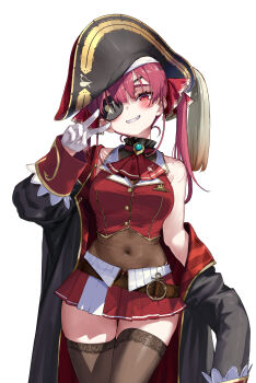 1girl absurdres akasaai ascot bare_shoulders belt bicorne black_choker black_coat black_hat breasts brooch brown_belt brown_thighhighs choker coat coat_partially_removed commentary_request cowboy_shot cropped_jacket eyepatch frilled_choker frills gloves gold_buttons gold_trim grin hair_ribbon hand_up hat highres hololive houshou_marine houshou_marine_(1st_costume) jacket jewelry lace lace-trimmed_thighhighs lace_trim lapel_pin large_breasts leather_belt leotard leotard_under_clothes long_hair miniskirt pirate_hat pleated_skirt red_ascot red_coat red_eyes red_hair red_jacket red_ribbon red_skirt ribbon see-through_clothes see-through_leotard simple_background single_sleeve_past_fingers skirt sleeveless sleeveless_jacket smile solo thighhighs twintails two-sided_coat two-sided_fabric v virtual_youtuber white_background white_gloves