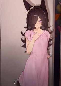 4girls animal_ears black_hair black_tail bow covered_navel dress ear_bow eavesdropping flipped_hair hair_over_one_eye hairband highres horse_ears horse_girl horse_tail marvelous_sunday_(umamusume) mayano_top_gun_(umamusume) multiple_girls nishino_flower_(umamusume) pink_dress purple_eyes rice_shower_(umamusume) short_sleeves solo_focus standing tail umamusume white_hairband xaea_xp