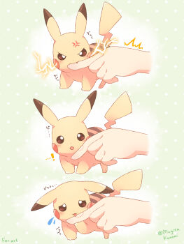 ...! 1other anger_vein bite_mark biting biting_finger blush brown_eyes closed_mouth commentary_request disembodied_hand fang flying_sweatdrops gen_1_pokemon green_background highres mugita_konomi nintendo open_mouth pikachu pokemon pokemon_(creature) polka_dot polka_dot_background v-shaped_eyes