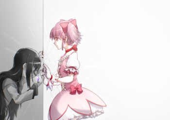 2girls against_wall akemi_homura akemi_homura_(magical_girl) arm_support backlighting bad_id bad_pixiv_id bent_over black_hair black_hairband blood blood_on_hands broken_glass bubble_skirt capelet center_frills choker closed_mouth crack eyes_visible_through_hair female_focus flat_chest frilled_skirt frilled_sleeves frills from_side glass gloves glowing grey_background grey_capelet hair_over_eyes hair_ribbon hairband hand_rest hands_up happy head_down kaname_madoka kaname_madoka_(magical_girl) lens_flare light_smile long_hair long_sleeves looking_at_another looking_down mahou_shoujo_madoka_magica mahou_shoujo_madoka_magica_(anime) monochrome multiple_girls neck_ribbon partially_colored pink_eyes pink_hair pink_ribbon profile puffy_sleeves red_choker red_ribbon ribbon ribbon_choker short_twintails silky_0406 simple_background skirt soul_gem split_screen twintails two-tone_background upper_body white_background white_gloves white_skirt