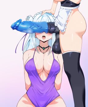 1futa 1girl absurdres akeno_(itsnafulol) animal_penis apron blush breasts cleavage domination dress elf emilia_(re:zero) evening_gown flower futa_with_female futanari hair_flower hair_ornament hair_ribbon hand_on_another's_head highres horse_penis huge_breasts huge_penis imminent_fellatio imminent_penetration jewelry large_breasts large_penis large_testicles long_hair necklace open_mouth penis penis_awe penis_on_face penis_over_eyes pointy_ears precum purple_dress re:zero_kara_hajimeru_isekai_seikatsu ribbon saliva someone_(someone199912) steaming_body sweat testicles thick_thighs thighhighs thighs tongue veins veiny_penis white_hair wide_hips