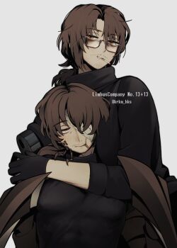 2boys :t absurdres alternate_costume amputee arms_around_another's_neck arms_around_neck arthropod_boy arthropod_limbs artist_name bags_under_eyes bandage_on_face bandage_over_one_eye bandaged_head bandages beard_stubble between_pecs black-framed_eyewear black-framed_glasses black_gloves black_shirt black_sweater blush brown_hair cigarette closed_mouth cockroach_boy collared_jacket covered_abs covered_pectorals dual_persona facial_hair g_corp._(identity)_(project_moon) glasses gloves gregor_(project_moon) grey_background hair_between_eyes hair_intakes hair_over_one_eye half-closed_eyes hands_up head_between_pecs head_on_chest highres hug jacket joints krkm_hks limbus_company long_hair long_sleeves looking_at_viewer looking_to_the_side low_ponytail male_focus mechanical_arms monster_boy mouth_hold multiple_boys official_alternate_costume one_eye_covered parted_bangs parted_lips pectorals ponytail project_moon prosthesis prosthetic_arm rosespanner_workshop_(identity)_(project_moon) selfcest semi-rimless_eyewear shirt simple_background single_glove single_mechanical_arm sleeves_rolled_up smile smoking stubble sweater taut_clothes taut_shirt toned toned_male turtleneck turtleneck_shirt turtleneck_sweater twitter_username under-rim_eyewear upper_body watermark white_background yaoi yellow_eyes