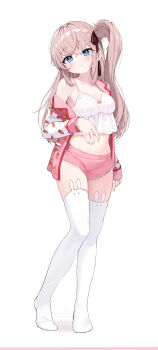1girl absurdres auuufox blonde_hair blue_eyes blush bow breasts brown_hair carrot_print closed_mouth commentary_request crop_top dolphin_shorts food_print full_body hair_bow hair_ribbon highres jacket long_hair looking_at_viewer midriff navel off_shoulder open_clothes open_jacket original pink_jacket pink_shorts ribbon shirt short_shorts shorts side_ponytail simple_background sleeveless sleeveless_shirt small_breasts solo thighhighs thighs white_background white_thighhighs