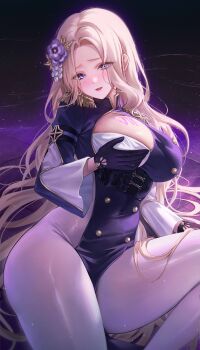 1girl absurdres black_gloves black_jacket blonde_hair blush bodysuit breast_cutout breast_tattoo breasts brown_dust_(series) brown_dust_2 commentary_request darian_silverstein flower gloves grabbing_own_breast hair_flower hair_ornament highres jacket large_breasts light_particles long_hair long_sleeves looking_at_viewer mohaka_(m_0haka) open_mouth pelvic_curtain purple_eyes roman_numeral smile solo tattoo thick_thighs thighs very_long_hair white_bodysuit