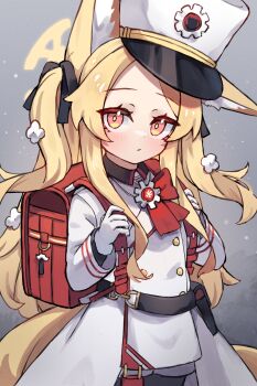 1girl animal_ears backpack bag blonde_hair blue_archive cherino_(blue_archive) cherino_(blue_archive)_(cosplay) closed_mouth coat cosplay fox_ears fox_girl fox_tail gloves grey_background halo hat highres long_hair long_sleeves looking_at_viewer miya_(miyaruta) peaked_cap randoseru red_bag red_eyes seia_(blue_archive) shako_cap simple_background solo tail two_side_up white_coat white_gloves white_hat yellow_halo