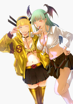 2girls alternate_costume blonde_hair blunt_bangs breasts candy casual choker chupa_chups cleavage darkstalkers fangs feet_out_of_frame food green_eyes green_hair hand_on_own_hip head_wings headband holding holding_string jacket kneehighs large_breasts lollipop long_hair long_sleeves magik_(x-men) marvel midriff morrigan_aensland mouth_hold multiple_girls navel okazuwa_shake one_eye_closed open_clothes open_jacket orange_eyes shirt skirt small_breasts socks string thighhighs tied_shirt white_shirt wings x-men