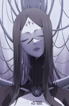 1girl absurdres astra_chichi black_hair closed_eyes colored_skin english_text facial_mark forehead_mark goddess_of_victory:_nikke highres long_hair long_neck nose_marking pale_skin rapture_queen_(nikke) robot solo upper_body very_long_hair white_skin wire