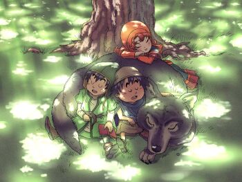 1other 2boys black_hair blue_cloak bonnet book cloak closed_eyes commentary_request curly_hair dappled_sunlight dragon_quest dragon_quest_vii dress gabo green_hat hat hero_(dq7) highres long_hair maribel_(dq7) medium_hair missing_tooth multiple_boys on_grass on_ground open_mouth orange_hair outdoors shade short_hair sitting sleeping sleeping_upright spiked_hair sunlight tree tree_shade tunic turban under_tree wolf yellow_bonnet yuto_sakurai