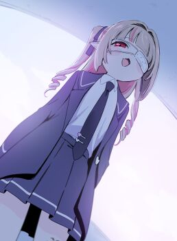 Rule 34 | 1girl, :3, backlighting, blazer, bloom, blue jacket, blue necktie, blue ribbon, blue sailor collar, blue skirt, blush stickers, ceiling, collared shirt, colored inner hair, cowboy shot, drill hair, dutch angle, eyepatch, fangs, from below, grey hair, hair intakes, hair ribbon, hashtag-only commentary, heart, jacket, lapels, leg tattoo, long hair, long sleeves, makaino ririmu, medical eyepatch, miniskirt, monitoring (vocaloid), mopyo, multicolored hair, necktie, nijisanji, notched lapels, official alternate costume, official alternate hairstyle, open clothes, open jacket, open mouth, pink hair, pink streaks, pleated skirt, pointy ears, red eyes, ribbon, sailor collar, school uniform, shirt, shirt tucked in, sidelocks, skin fangs, skirt, sky, solo, standing, streaked hair, tattoo, tie clip, two-tone hair, two side up, virtual youtuber, white shirt