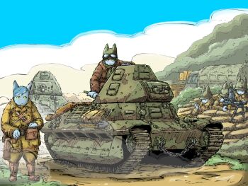 5boys bipod blue_sky caterpillar goggles goggles_on_headwear gun highres light_machine_gun machine_gun military_truck military_vehicle motor_vehicle multiple_boys original sandbag shovel sky tank truck vehicle_focus vehicle_request weapon yabarn