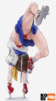 1girl absurdres artist_logo artist_name ass blue_sailor_collar blue_skirt bra breasts brown_hair commentary fingerless_gloves from_behind full_body gloves highres kasugano_sakura kobi420 logo medium_breasts neckerchief panties pleated_skirt puffy_short_sleeves puffy_sleeves red_bra red_gloves red_panties red_shoes ribbon sailor_collar sailor_shirt school_uniform shadow shirt shoes short_hair short_sleeves simple_background skirt socks solo standing_on_finger street_fighter sweat thighs toned toned_female underwear white_background white_ribbon white_shirt white_socks yellow_neckerchief