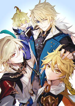 4boys absurdres aether_(genshin_impact) black_gloves blonde_hair blue_eyes book braid closed_eyes closed_mouth color_connection commentary earrings facial_scar feather_hair_ornament feathers fingerless_gloves genshin_impact gloves gradient_hair hair_between_eyes hair_color_connection hair_ornament hand_on_another&#039;s_head highres holding holding_book jewelry kaveh_(genshin_impact) ljayu long_hair looking_at_viewer male_focus mika_(genshin_impact) multicolored_hair multiple_boys one_eye_closed pants red_eyes scar scar_on_cheek scar_on_face simple_background single_braid single_earring symbol-only_commentary varka_(genshin_impact) yellow_eyes
