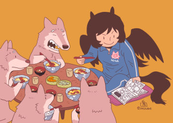 Rule 34 | 1girl, alternate costume, animal ears, black wings, blue jacket, blue pants, bowl, chabudai, chopsticks, closed mouth, commentary request, cup, feathered wings, full body, holding, holding chopsticks, horse ears, horse girl, horse tail, jacket, kurokoma saki, long hair, long sleeves, manga (object), onikobe rin, orange background, pants, simple background, sitting, smile, solo, table, tail, touhou, wings, wolf, wolf spirit (touhou), yunomi