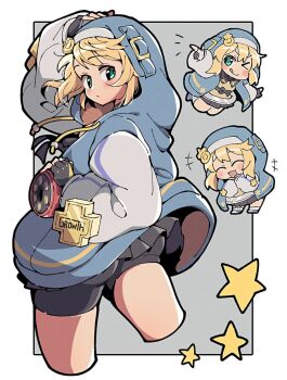Rule 34 | 1boy, androgyne symbol, arm up, black gloves, black shorts, blonde hair, blue jacket, border, bridget (guilty gear), closed mouth, cropped legs, fingerless gloves, from behind, gloves, green eyes, grey background, guilty gear, guilty gear strive, highres, hood, hood up, hooded jacket, itsuka neru, jacket, long sleeves, looking at viewer, looking back, male focus, multiple views, one eye closed, open clothes, open jacket, open mouth, outside border, short hair, shorts, smile, star (symbol), swept bangs, trap, white border