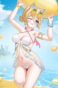 1girl absurdres animal_ear_hairband animal_ears armlet armpits ball bare_shoulders beach beachball bikini blonde_hair blue_eyes blush bracelet breasts camisole cat_ear_hairband cat_ears cleavage eyewear_on_head fake_animal_ears flower food fruit glasses_on_head hair_between_eyes hair_bun halterneck hands_up head_tilt highres holding jewelry knosdeba lemon looking_to_the_side michele_(beat_wave)_(strinova) michele_(strinova) navel ocean one_eye_closed open_mouth outdoors pineapple sand see-through_clothes side-tie_bikini_bottom sidelocks solo standing standing_on_one_leg strinova swimsuit thighhighs wide_hips wink