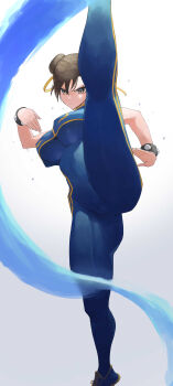 Rule 34 | 1girl, absurdres, ass, axe kick, bare arms, black hair, blue bodysuit, bodysuit, bracelet, breast curtain, breasts, brown eyes, capcom, chun-li, crotch, double bun, feet out of frame, fighting stance, flying sweatdrops, hair bun, hair ribbon, hands up, highres, jewelry, kicking, large breasts, legs, looking at viewer, martial arts, parted lips, ribbon, rororo, solo, split, standing, standing on one leg, standing split, street fighter, street fighter zero (series), studded bracelet, sweat, thighs, v-shaped eyebrows, yellow ribbon