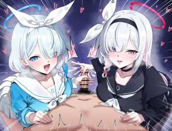 1boy 2girls absurdres alternate_breast_size_(larger) arona_(blue_archive) assertive_female bar_censor blue_archive blue_eyes blue_hair blush braid breasts breath censored clothed_female_nude_male colored_inner_hair cooperative_handjob cum ejaculation erection ffm_threesome glansjob grey_hair group_sex hair_over_one_eye halo handjob heart hetero highres long_hair long_sleeves looking_at_viewer male_pubic_hair multicolored_hair multiple_girls nude open_mouth penis pink_hair plana_(blue_archive) pov pubic_hair sailor_collar school_uniform serafuku single_braid smile speech_bubble teamwork_(sexual) threesome two-tone_hair variant_set white_sailor_collar woo_(woosan)