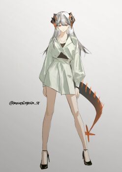 1girl absurdres alternate_costume arknights arms_at_sides bare_legs black_hair black_horns black_tail center-flap_bangs closed_mouth contrapposto dragon_horns dragon_tail expressionless full_body gradient_horns gradient_tail grey_background highres horns jacket jewelry long_hair long_sleeves looking_at_viewer mourningrain_sr multicolored_horns orange_eyes orange_hair orange_horns orange_tail pendant puffy_long_sleeves puffy_sleeves saria_(arknights) simple_background skirt solo standing straight-on strappy_heels tail twitter_username watch white_hair white_jacket white_skirt wristwatch