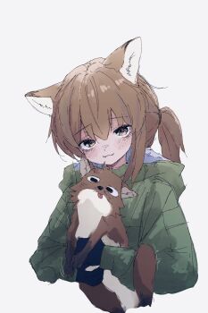 1girl animal animal_ears black_gloves borrowed_character brown_eyes brown_hair commentary cropped_torso english_commentary fangs fox fox_ears fox_girl fox_girl_(yihan_world) gloves green_jacket highres holding holding_animal hood hood_down hooded_jacket jacket kaiwan_(kaiwan_zhang) looking_at_viewer original ponytail solo tongue tongue_out