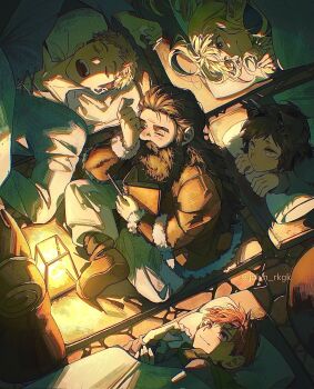 2_blankk 2girls 3boys animal_ears backpack bag beard black_hair blanket blonde_hair book brown_footwear brown_hair cat_ears cat_girl chilchuck_tims commentary covered_mouth cross-laced_clothes crying dungeon_meshi dwarf elf english_commentary facial_hair from_above fur-trimmed_jacket fur-trimmed_sleeves fur_trim futon green_eyes green_scarf grey_shirt hair_slicked_back halfling happy highres holding holding_pencil izutsumi jacket laios_touden lantern long_beard long_hair long_sleeves looking_at_another lying marcille_donato multiple_boys multiple_girls mustache night on_back on_side on_stomach pants pavement pencil pink_eyes pointy_ears red_hair scarf senshi_(dungeon_meshi) shirt shoe_soles short_hair sitting smile solo_focus tears twitter_username under_covers unworn_backpack unworn_bag wiping_tears yellow_eyes