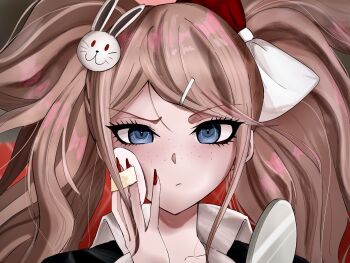 1girl applying_makeup black_shirt blonde_hair bow commentary_request cosplay danganronpa:_trigger_happy_havoc danganronpa_(series) enoshima_junko enoshima_junko_(cosplay) freckles fuwan_(mcueaef41z56510) green_eyes hair_bow hair_ornament hand_up highres ikusaba_mukuro nail_polish portrait rabbit_hair_ornament red_nails shirt solo twintails