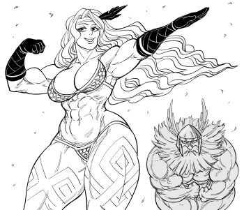 1boy 1girl abs amazon_(dragon&#039;s_crown) amazon_warrior armor bb_(baalbuddy) beard biceps bikini_armor breasts circlet cleavage commentary cowboy_shot dragon&#039;s_crown dwarf dwarf_(dragon&#039;s_crown) english_commentary facial_hair flexing floating_hair gloves greyscale helmet highres large_breasts leg_tattoo long_hair looking_at_viewer monochrome muscular muscular_female muscular_male navel simple_background smile standing tattoo thick_thighs thighs vanillaware very_long_hair white_background wide_hips winged_helmet