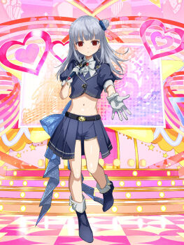 1girl bow bowtie dairoku_ryouhei expressionless gloves grey_hair hair_bun highres honoka_(pandatype) idol idol_clothes long_hair looking_at_viewer lumerie_maleficarum microphone midriff navel open_hand red_eyes shorts solo solo_focus stage