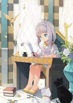 1girl ahoge animal_collar artist_request bird black_cat black_fur black_tail blue_collar blue_eyes blue_flower blunt_bangs book border cat chair chima_(clothes) closed_mouth collar curtains desk feathers flats flower flying gold_collar gomusin grey_hairband hairband hanbok holding holding_quill indoors inkwell jenienor korean_clothes leaf legs_together medium_hair medium_skirt nexon official_alternate_costume official_art on_chair perched plant potted_plant quill rose second-party_source shoes sitting skirt sleeve_bow smile solo_focus tales_weaver three-quarter_sleeves tile_floor tiles two-sided_fabric two-sided_skirt white_border white_cat white_flower white_fur white_hair white_hanbok white_jeogori white_rose white_skirt white_tail wide_sleeves window window_light writing yellow_bird yellow_feathers yellow_fur yellow_shoes