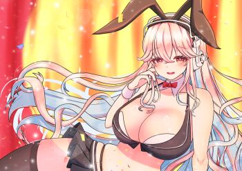 Rule 34 | 1girl, aki sakura, animal ear hairband, animal ears, aqua hair, bare shoulders, blush, breasts, cleavage, colored inner hair, detached collar, fake animal ears, hairband, headphones, large breasts, long hair, looking at viewer, multicolored hair, navel, nitroplus, open mouth, pink hair, playboy bunny, rabbit ear hairband, rabbit ears, red eyes, simple background, skirt, smile, solo, super sonico, thighhighs, two-tone hair, white wrist cuffs, wrist cuffs