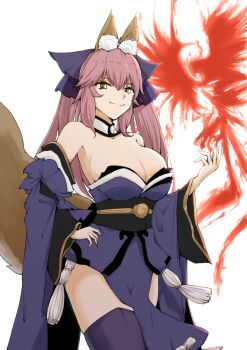 1girl animal_ear_fluff animal_ears blue_bow blue_kimono blue_thighhighs bow breasts cleavage detached_collar detached_sleeves fate/grand_order fate_(series) fox_ears fox_girl fox_tail hair_bow highres japanese_clothes kimono large_breasts long_hair pelvic_curtain pink_hair short_kimono smile solo standing tail tamamo_(fate) tamamo_no_mae_(fate) thighhighs very_long_hair wide_sleeves yellow_eyes ystrann