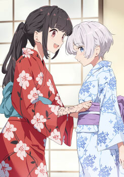 2girls absurdres black_hair blue_eyes blue_kimono blush commentary_request floral_print floral_print_kimono grey_hair highres indoors japanese_clothes kimono kodamazon long_hair long_sleeves multiple_girls natsume_uta obi official_art open_mouth ponytail print_kimono red_eyes red_kimono sash second-party_source shiroharu_ao short_hair shouji sidelocks sliding_doors smile standing tattoo watashi_no_kaidanshi_wa_ponkotsu_kawaii wide_sleeves yukata