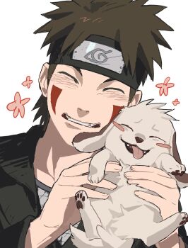 1boy akamaru_(naruto) animal blush brown_hair closed_eyes commentary dog facial_mark facing_viewer forehead_protector highres holding holding_animal holding_dog inuzuka_kiba konohagakure_symbol male_focus mtk066621 naruto_(classic) naruto_(series) short_hair symbol-only_commentary teeth upper_body white_background