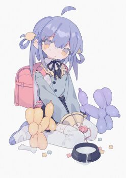 1girl ahoge backpack bag balloon_animal between_legs black_ribbon black_skirt bone bowl buttons colored_shoe_soles commentary controller crime_prevention_buzzer cum cum_in_container daizu_(melon-lemon) detached_ahoge dog_treat female_focus film_grain full_body grey_shirt hair_between_eyes hair_ornament hair_rings hand_between_legs highres holding holding_remote_control loli long_hair long_sleeves looking_at_viewer multicolored_eyes neck_ribbon original parted_lips pet_bowl purple_eyes purple_hair randoseru red_bag remote_control remote_control_vibrator ribbon sex_toy shirt shoes sidelocks simple_background sitting skirt sleeves_past_wrists solo suggestive_fluid tears thighhighs uwabaki vibrator wariza white_background white_shoes white_thighhighs yellow_eyes