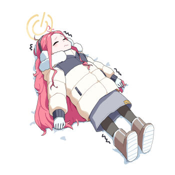 1girl absurdres adon_(dufaladanidu) black_thighhighs blue_archive blush boots brown_boots chinese_commentary closed_eyes closed_mouth coat earmuffs forehead full_body fur-trimmed_coat fur_trim gloves grey_skirt halo highres long_hair long_sleeves lying on_back orange_halo red_hair skirt snow solo thighhighs trembling very_long_hair wavy_hair white_gloves winter_clothes winter_coat yuzu_(blue_archive)