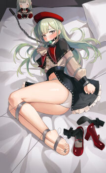 1girl absurdres arms_behind_back ascot ave_mujica_(bang_dream!) ball_gag bang_dream! bang_dream!_it&#039;s_mygo!!!!! bare_legs barefoot bdsm bed beret black_capelet blush bondage bound bound_ankles bound_arms bound_legs bound_toes bound_wrists capelet character_doll chinese_commentary chuck_(harfmoondark) collar commentary_request doll egg_vibrator female_focus gag gagged green_hair hat highres jewelry leash looking_at_viewer lying mary_janes mortis_(bang_dream!) mortis_(costume)_(bang_dream!) navel no_pants on_bed on_side panties pillow puppet_strings red_hat red_shoes see-through_clothes see-through_sleeves sex_toy shoes skindentation slave socks solo tickling underwear unworn_shoes unworn_socks vibrator vibrator_on_soles wakaba_mutsumi wakaba_mutsumi_(doll) yellow_eyes