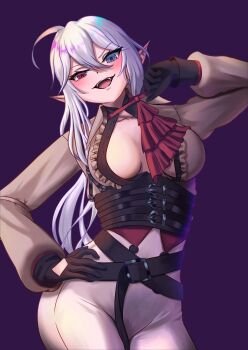 Rule 34 | 1girl, ahoge, black gloves, blue eyes, breasts, cleavage, commentary, fangs, general geega, general geega (inquisitor), gloves, grey hair, grey pants, grey shirt, hand on own hip, heterochromia, highres, kamabokojiro, large breasts, looking at viewer, open clothes, open mouth, open shirt, pants, pointy ears, ponytail, purple background, red eyes, shirt, solo, tight clothes, tight pants, underbust, virtual youtuber, vshojo