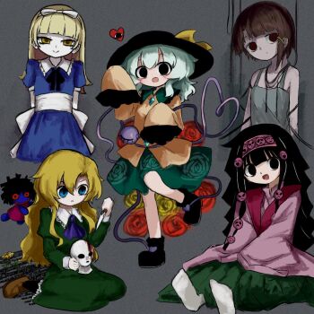 alice_(megami_tensei) alluka_zoldyck ascot asymmetrical_hair black_boots black_eyes black_hair black_hat blonde_hair blue_ascot blue_dress blue_eyes boots brown_eyes brown_hair brown_shoes buttons camisole demon_(megami_tensei) diamond_button doll dress eyeball flower frilled_shirt_collar frilled_sleeves frills green_dress green_hair green_skirt hair_bobbles hair_ornament hair_ribbon hairband hairclip hat hat_ribbon heart heart_of_string heripantomorrow highres hunter_x_hunter ib_(kouri) iwakura_lain japanese_clothes komeiji_koishi long_sleeves mannequin mary_(ib) multi-tied_hair multicolored_dress multiple_girls palette_knife red_flower red_rose ribbon rose serial_experiments_lain shin_megami_tensei shirt shoes single_sidelock skirt sleeves_past_wrists smile third_eye touhou white_ribbon wire x_hair_ornament yellow_eyes yellow_flower yellow_ribbon yellow_rose yellow_shirt