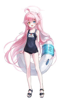 1girl absurdres ahoge alternate_costume artist_name bare_shoulders black_sandals blue_archive blue_eyes commentary cosplay fang full_body hair_ornament hairclip halo heterochromia highres hina_(blue_archive) hina_(blue_archive)_(cosplay) hina_(swimsuit)_(blue_archive) hoshino_(blue_archive) long_hair meoyo name_tag old_school_swimsuit one-piece_swimsuit open_mouth pink_hair sandals school_swimsuit simple_background smile solo swim_ring swimsuit symbol-only_commentary white_background yellow_eyes