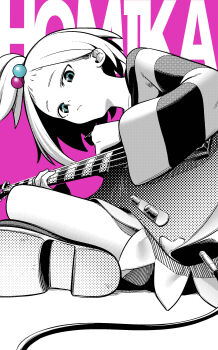 1girl absurdres aki_the_beast bass_guitar blue_eyes boots cable character_name closed_mouth commentary_request crossed_legs dress forehead greyscale_with_colored_background hair_bobbles hair_ornament highres holding instrument looking_at_viewer multicolored_hair_bobbles nintendo pink_background pokemon pokemon_bw2 roxie_(pokemon) short_hair simple_background solo spot_color striped_clothes striped_dress topknot white_hair
